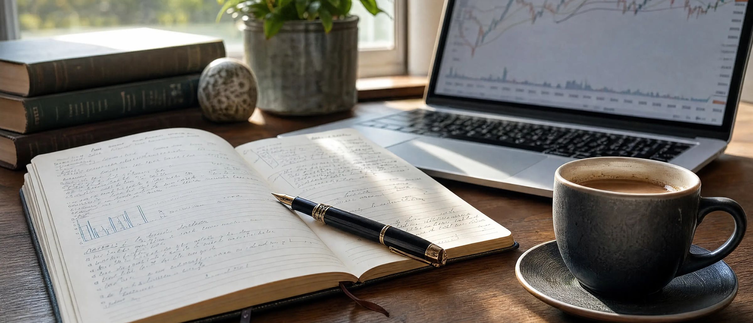 An open notebook with market notes beside a laptop and coffee
